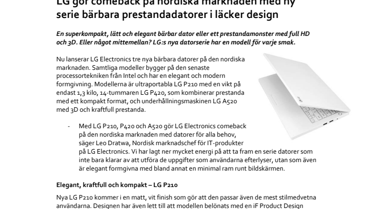 LG gör comeback på nordiska marknaden med ny serie bärbara prestandadatorer i läcker design 