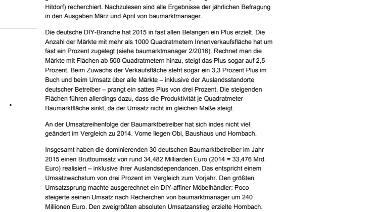 Baumärkte mit mehr Umsatz aber sinkender Flächenproduktivität