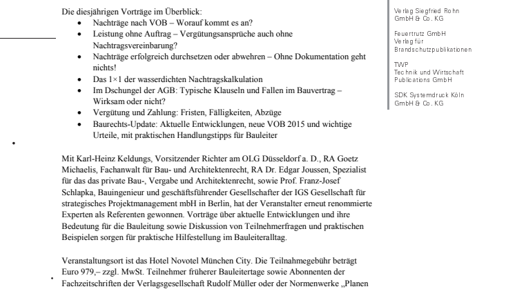 19. Münchner Bauleitertage – Fachwissen und Experten im Dialog