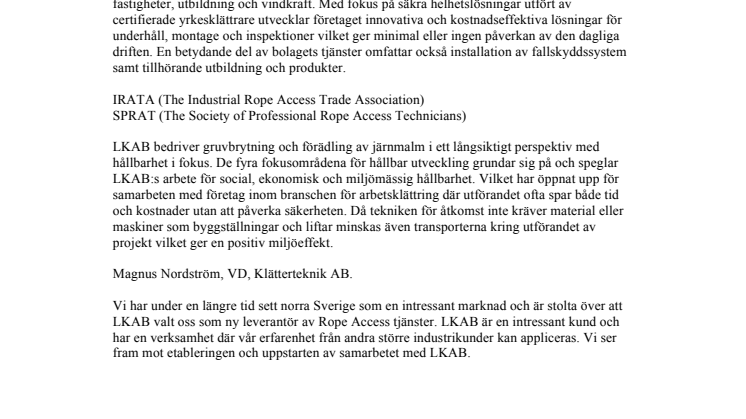 Klätterteknik AB och LKAB tecknar avtal