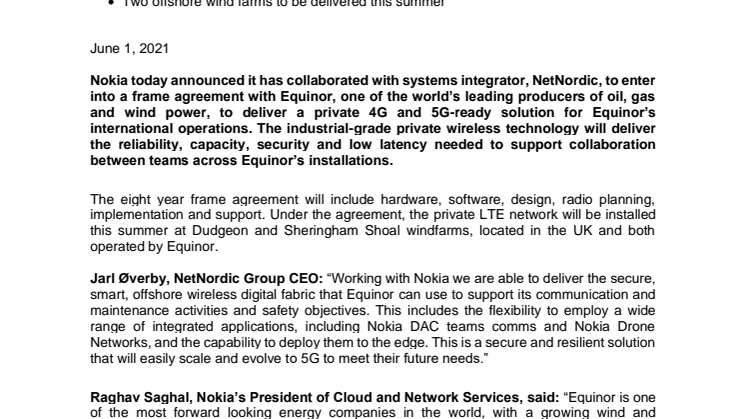 Nokia and NetNordic to deliver 5G-ready private LTE network to Equinor