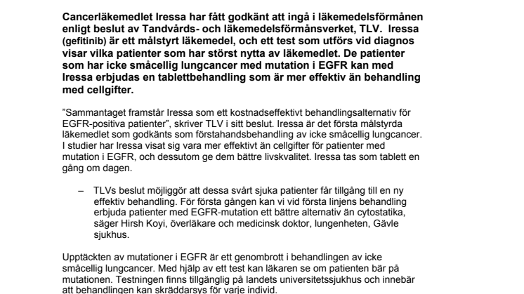 TLV-beslut: Nytt läkemedel mot lungcancer inkluderas i läkemedelsförmånen