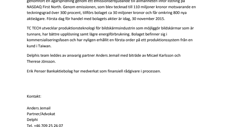 Delphi rådgivare till TC TECH Sweden AB (publ) vid nyemission inför listning på First North