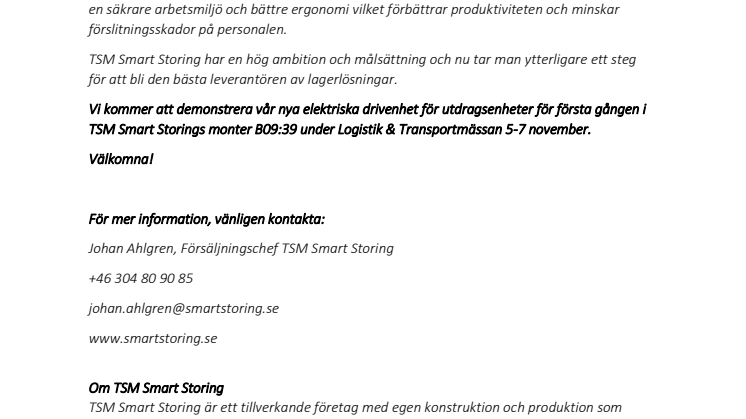 TSM Smart Storing presenterar framtidens lagerlösning på Logistik & Transportmässan 5-7 november.