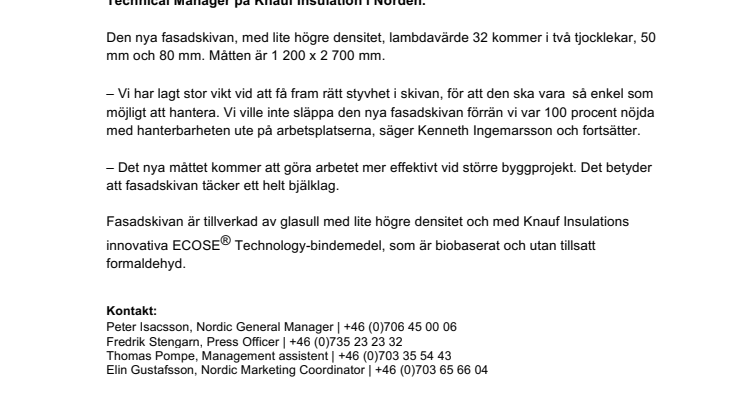 Knauf Insulation lanserar ny fasadskiva med optimala mått