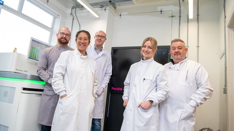 Pictured in the NU-OMICS DNA sequencing research facility at Northumbria University are (left to right) Andrew Nelson, Kim Nguyen-Phuoc, Dr Matthew Bashton, Clare McCann and Professor Darren Smith.