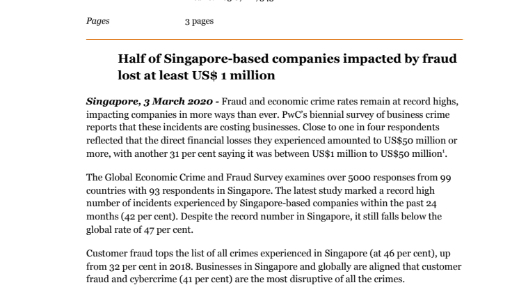 Half of Singapore-based companies impacted by fraud lost at least US$ 1 million