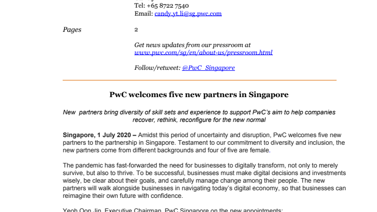PwC welcomes five new partners in Singapore
