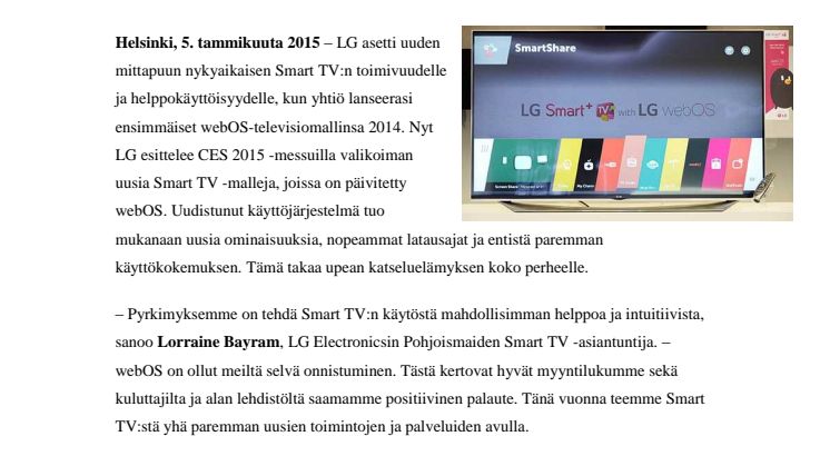 LG ESITTELEE UUDET SMART TV -MALLIT SEKÄ PÄIVITETYN WEBOS-KÄYTTÖJÄRJESTELMÄN CES 2015 -MESSUILLA