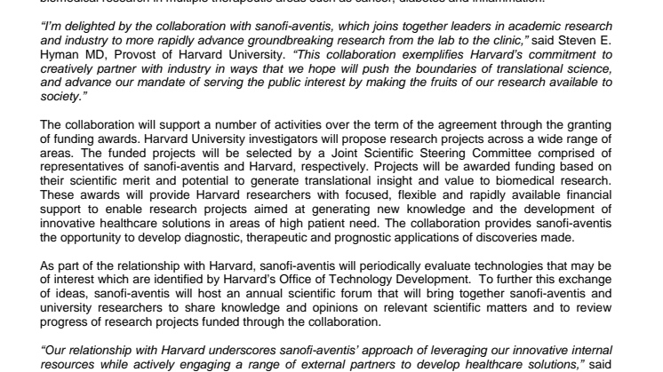 Sanofi-aventis Establishes Research Collaboration with Harvard University