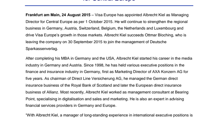 Visa Europe: Albrecht Kiel new Managing Director for Central Europe