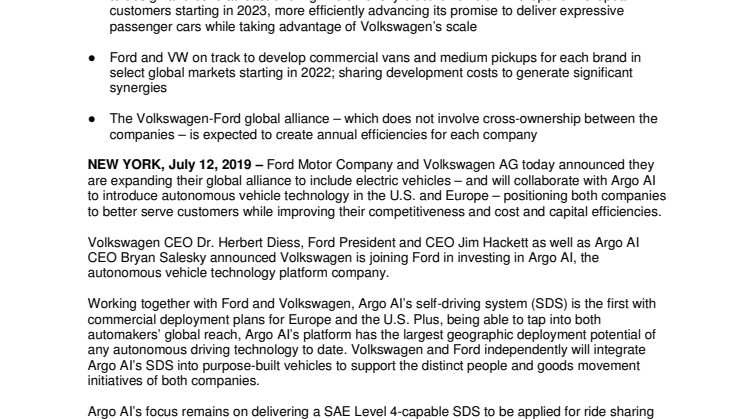 Ford og Volkswagen udvider globalt samarbejde til at omfatte selvkørende teknologier og elektrificering