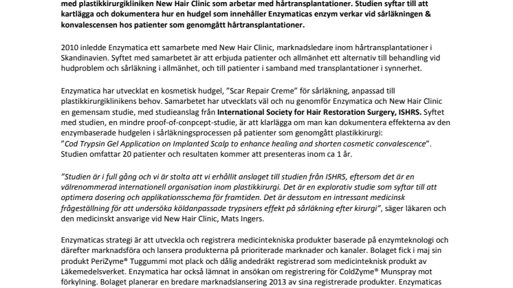 Enzymatica genomför studie med New Hair Clinic i Lund efter beviljat internationellt studie anslag