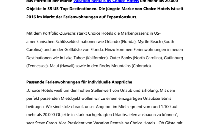 20.000 Objekte: Vacation Rentals by Choice Hotels expandiert