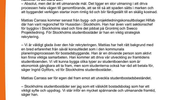 Mattias Carrass – ny strategisk rekrytering för Stockholms studentbostäder