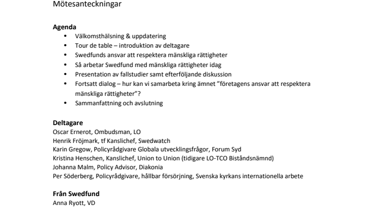 Minnesanteckningar intressentdialog Mänskliga Rättigheter