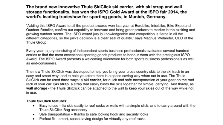 Thule SkiClick awarded the prestigious ISPO Gold Award in the category Ski segment at ISPO 2014, Munich