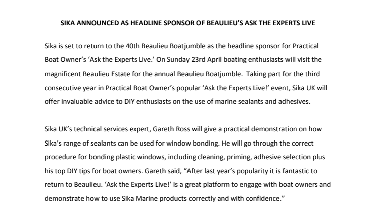 Sika: Sika Announced as Headline Sponsor of Beaulieu’s Ask the Experts Live