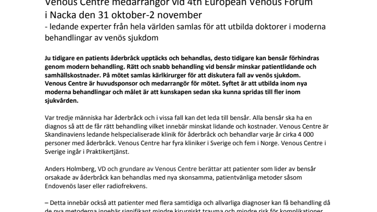 Venous Centre medarrangör vid 4th European Venous Forum i Nacka den 31 oktober-2 november  