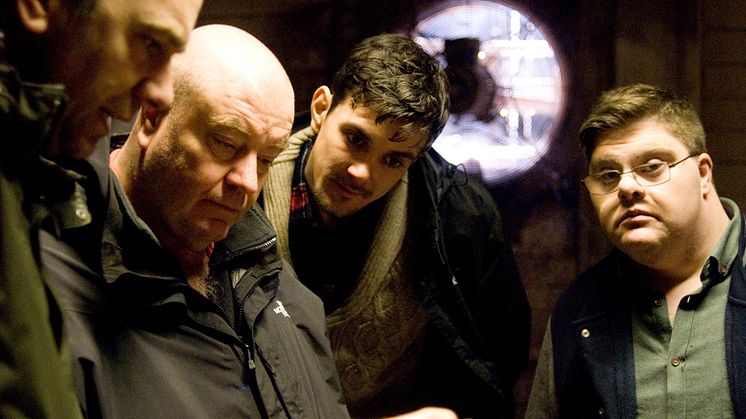From left to right: Sanctuary's Director of Photography Russell Gleeson, Film Director and Northumbria senior lecturer Len Collin and actors Robert Doherty and Kieran Coppinger.