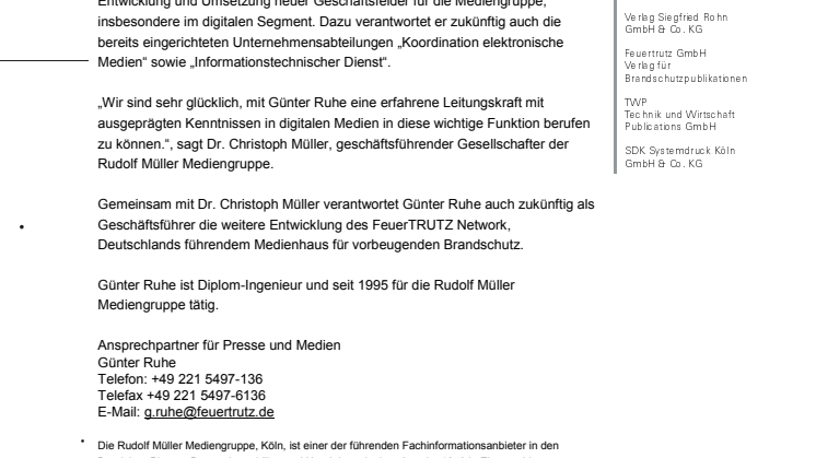Günter Ruhe wird Leiter Business Development in der Rudolf Müller Mediengruppe 
