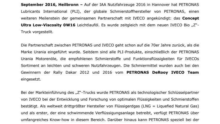 PETRONAS UND IVECO ENTWICKELN ULTRA LEICHTLAUF-MOTORENÖL FÜR DEN NEUEN IVECO „Z“-TRUCK