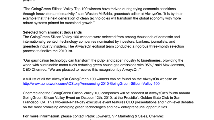 Chemrec named GoingGreen Silicon Valley Top 100 Winner