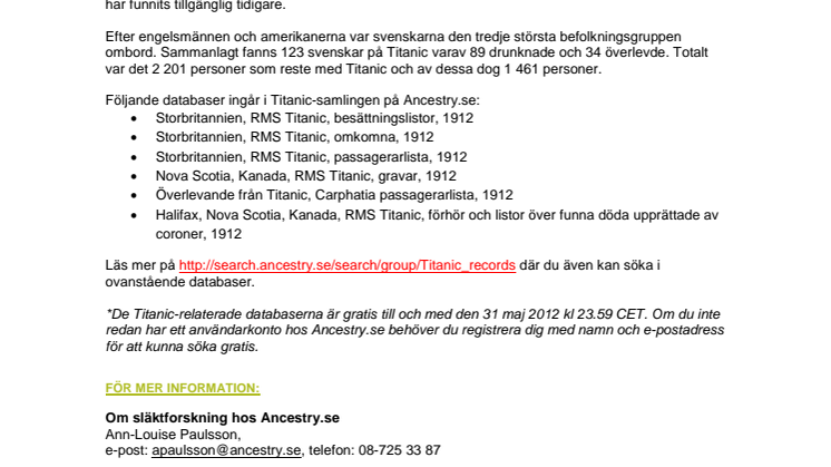 Se Titanics passagerarlistor hos Ancestry.se
