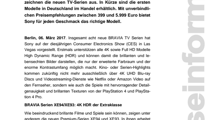 Erste Preise und Verfügbarkeiten des neuen BRAVIA TV Sortiments stehen fest