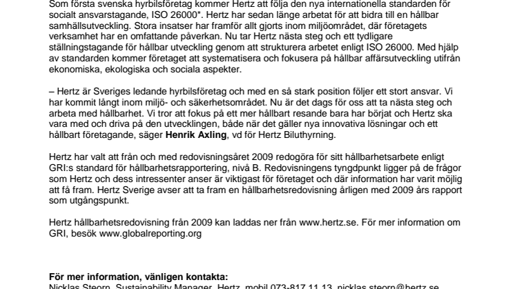 Hertz först i hyrbilsbranschen med hållbarhetsarbete enligt ISO 26000