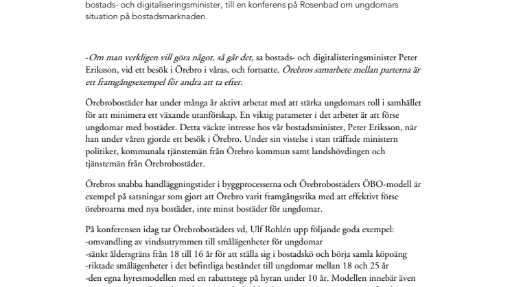 Örebro lyfts fram som ett gott exempel för satsningar på ungdomars boende