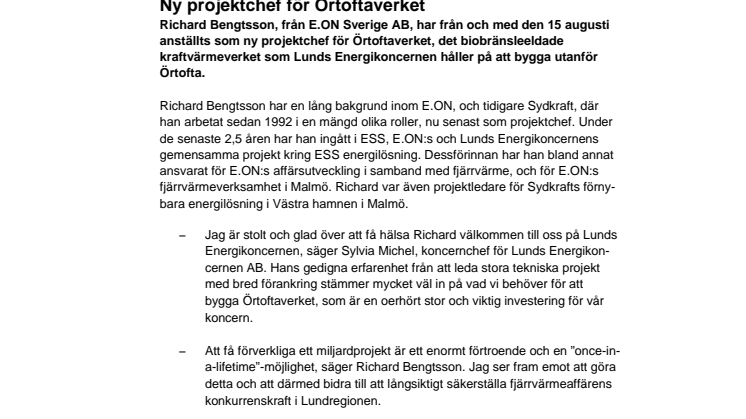 Ny projektchef för Örtoftaverket