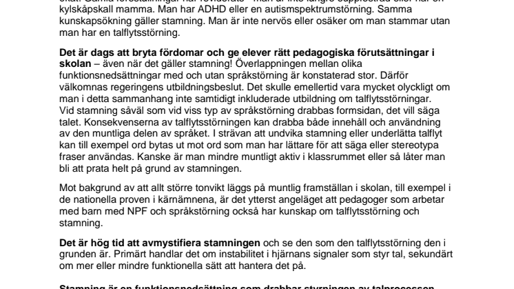 Uttalande från Stamningsförbundet 28 mars