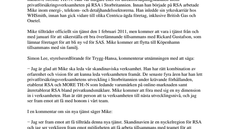 Mike Holliday-Williams har utsetts till ny vd för Trygg-Hansa Försäkrings AB