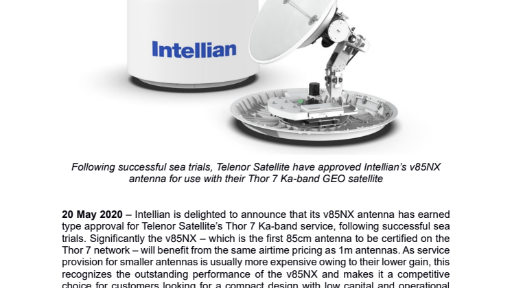 Intellian’s v85NX antenna system gains Telenor Satellite Thor 7 type approval