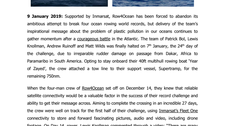 Inmarsat-backed Row4Ocean’s brave record bid ends but inspirational message is received loud and clear