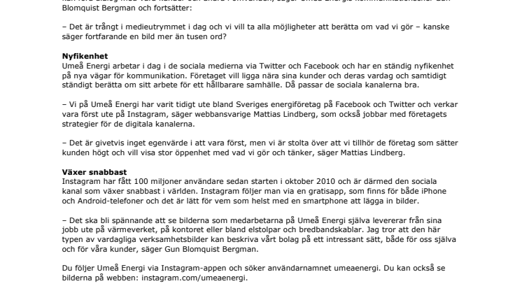 Bilder ur Umeå Energis verklighet via nya kanalen Instagram