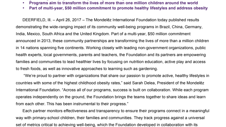 Mondelēz International Foundation Highlights Global Impact of Its Community-Based Well-being Programs