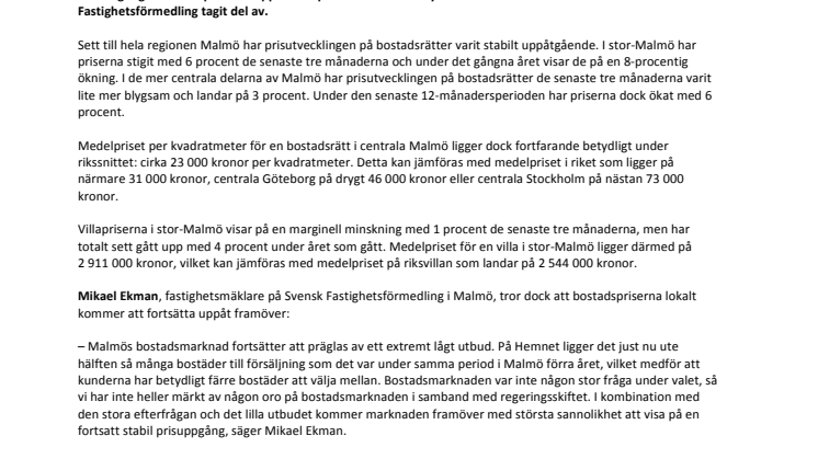 Fortsatt uppåt på bostadsmarknaden i Skåne 