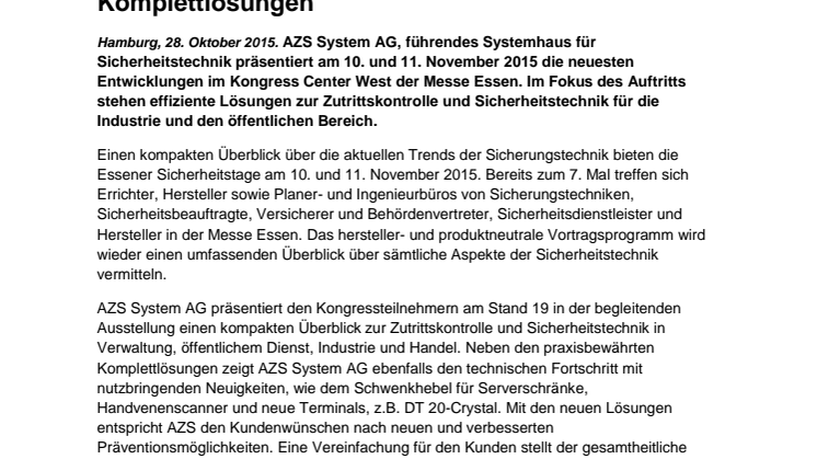 Ganz im Zeichen der Sicherheit: AZS System AG präsentiert auf den Essener Sicherheitstagen neue Entwicklungen und praxiserprobte Komplettlösungen 