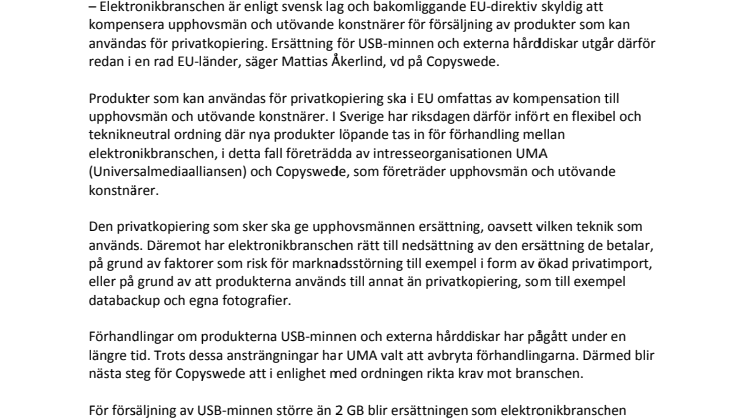 Privatkopieringsersättning på USB-minnen och externa hårddiskar från 1 september 2011 
