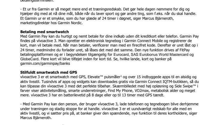 Nu findes Garmin Pay ™ - på vívoactive® 3 smartwatch