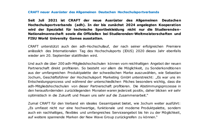 CRAFT neuer Ausrüster des Allgemeinen Deutschen Hochschulsportverbands