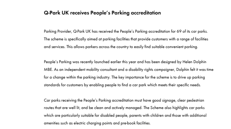 Q-Park UK receives People’s Parking accreditation