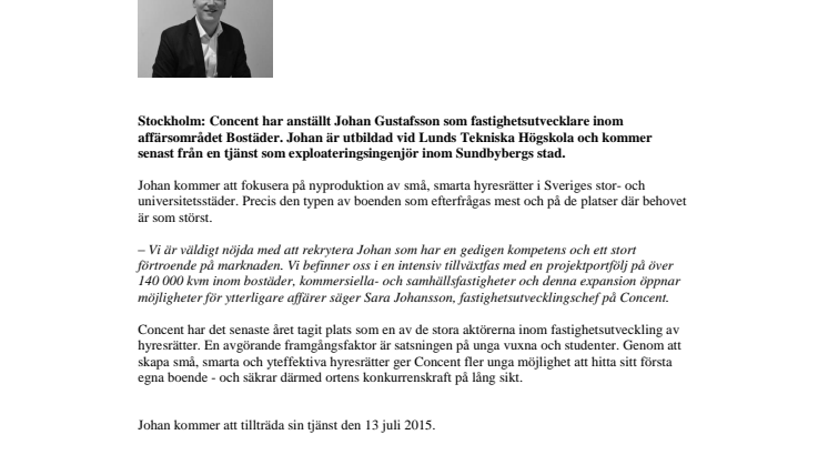 Concent expanderar inom fastighetsutveckling och anställer Johan Gustafsson