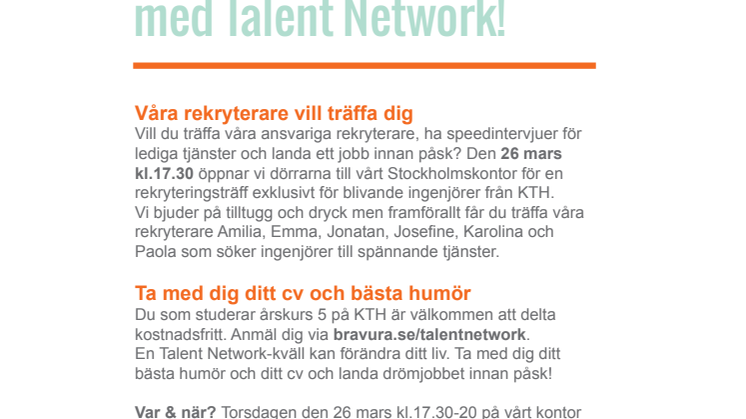 Bravura bjuder in KTH-studenter till rekryteringsträff 26 mars
