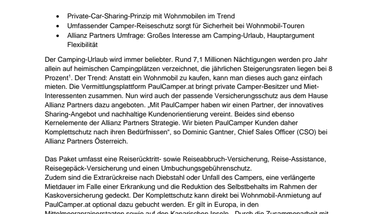 Allianz Partners startet Kooperation mit Camper-Vermittlungsplattform PaulCamper