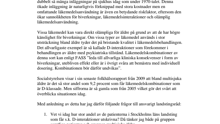 MP kräver uppföljning av läkemedelssituationen för äldre i Stockholm län
