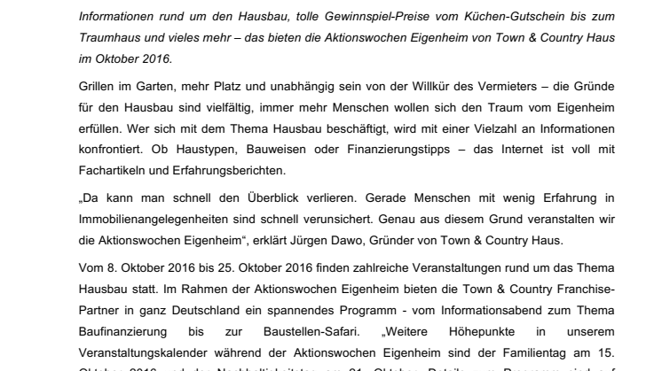 Informieren und tolle Preise gewinnen: Aktionswochen Eigenheim vom 8. bis 25. Oktober 2016