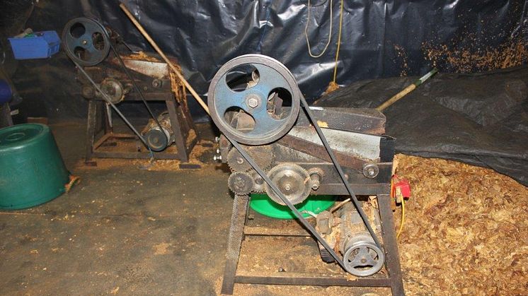 A tobacco cutting machine found inside rented farm buildings in Warwickshire